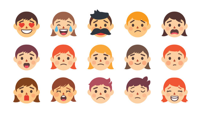 Faces of Emotion: A diverse set of animated faces, each expressing a unique feeling, from joy and sadness to anger and love. Perfect for illustrating human emotions.