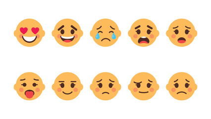 Naklejka premium Emotional Spectrum: A collection of various emoji expressions, each meticulously designed to encapsulate a range of emotions, from pure joy to deep sadness. The expressions are vivid and engaging