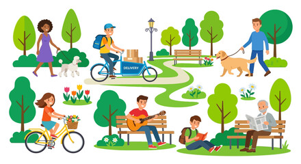 Fototapeta premium park scene with people and activities vector illustration