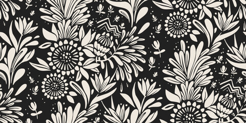 Seamless tropical floral pattern, botanical leaves and exotic flowers, protea strelitzia, half drop repeat, decorative background, textile fabric wallpaper design © Ekaterina