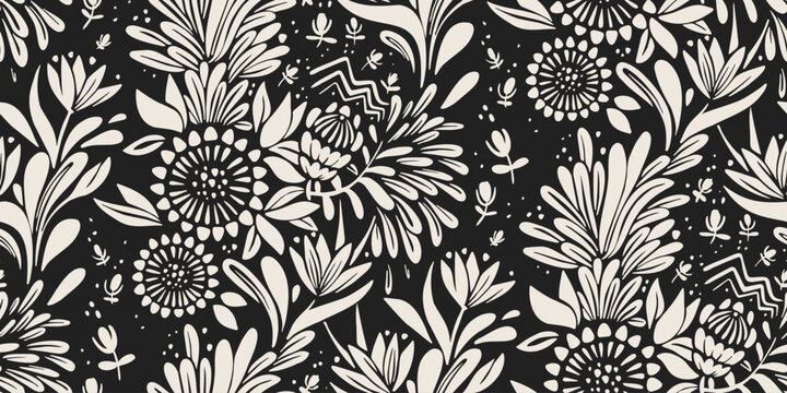 Seamless tropical floral pattern, botanical leaves and exotic flowers, protea strelitzia, half drop repeat, decorative background, textile fabric wallpaper design
