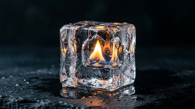Ice cube with a flame inside creating a surreal contrast between fire and ice.