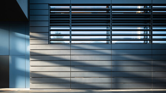 Contemporary ventilated facade featuring gray fiber cement panels with precise open horizontal joints and diagonal sunlight shadows