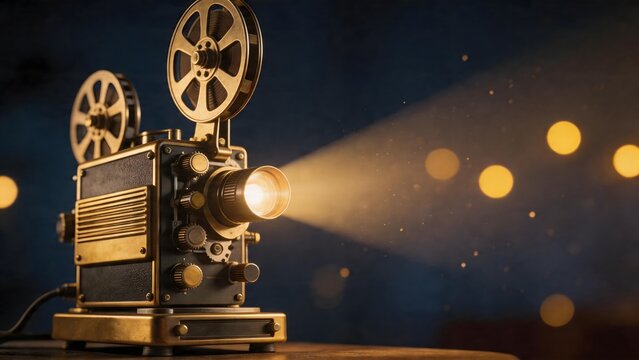 Vintage film projector with light beam