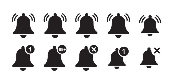 Solid silhouette bell icons depicting active ringing mute state delete mark and high volume notification badges for mobile applications on vector background.