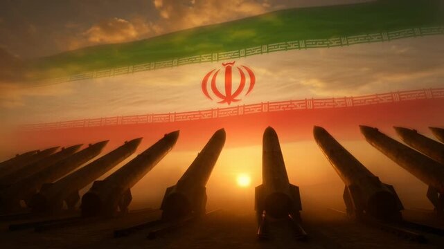 A row of ballistic missiles stands ready under a dramatic sunset sky, with the Iranian flag waving overhead, symbolizing national military strength and defense capabilities.
