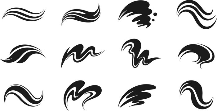 Elegant flowing wave brush strokes and abstract liquid swirl elements for decoration eps.