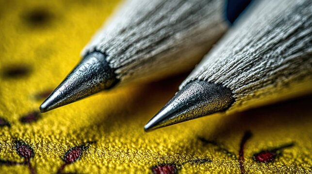 Two sharpened gray pencils with black lead diagonally parallel on vibrant yellow textured background, tips facing upper corner, 