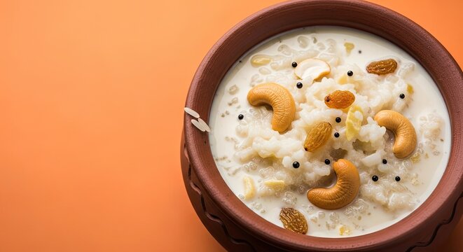 Traditional indian payasam dessert a sweet rice pudding with nuts and spices