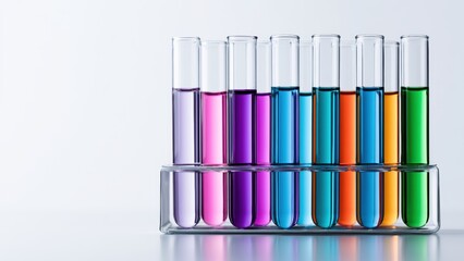 Fototapeta premium Spectrum of vibrant colored liquids in laboratory test tubes, symbolizing scientific discovery and innovation.