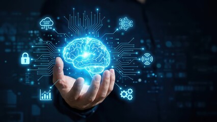 Fototapeta premium Unlocking future potential human hand holds glowing digital brain connected to AI, cloud data, and IoT networks.