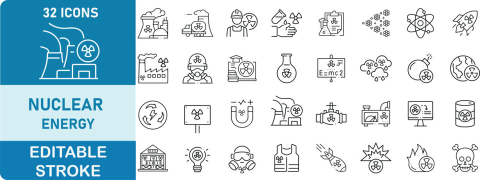 Nuclear Energy Line Icon Set. Contains icons related to nuclear power, radiation, atomic energy, radioactive waste, reactor plant, safety equipment, hazardous materials, and clean energy technology. E