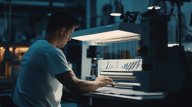 Worker in a well lit workshop operating an advanced embroidery machine focusing on the process of adding fine details to a custom made garment illustrating the delicate artistry of machine embroidery