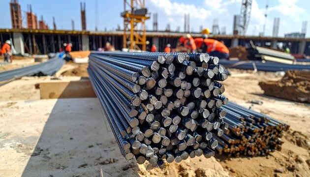 Close up of steel rebar bundle on construction site with workers and cranes