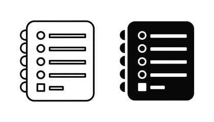 Task list and checklist notebook icon set featuring paper pad with check boxes in line art and solid black silhouette styles for project management and productivity software interface design assets © jpgstore