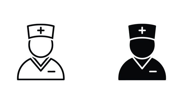 Medical professional doctor or nurse icon set wearing uniform with cross symbol in line art and solid black silhouette styles for healthcare app and hospital staff identification interface assets
