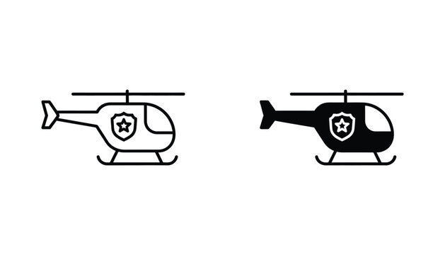 Police helicopter emergency service icon set featuring aviation transport with star badge emblem in line art and solid black styles for public safety and law enforcement graphical interface design