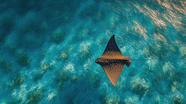 Spotted eagle ray swimming in clear turquoise ocean water