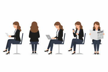 Obraz premium Businesswoman Sitting Set Working on Laptop and Reading News