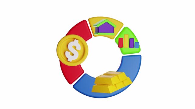 3d ux icon motion pie chart illustrating investment assets like stocks, real estate, bonds, and cash. Ideal for finance presentations, investment reports, or marketing materials.