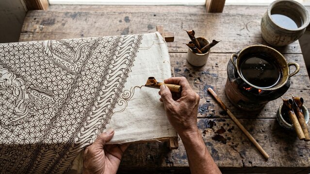 Top View of Artisan Hands Creating Batik Tulis With Canting and Wax Pot on Rustic Wooden Table