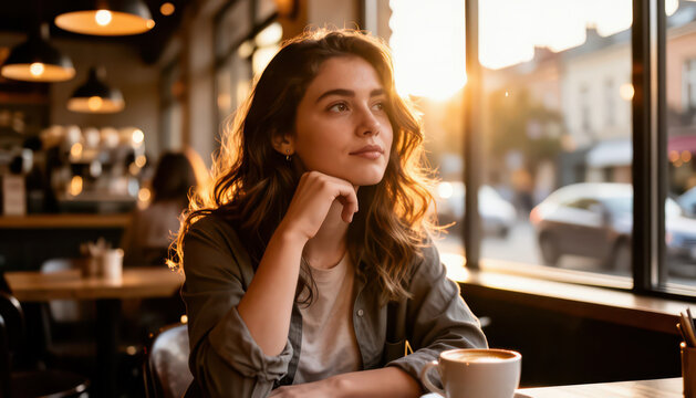 A girl sits in a caf&eacute;, deep in thought, looking out the window. The girl enjoys her coffee as sunlight fills the caf&eacute;, creating a warm atmosphere.