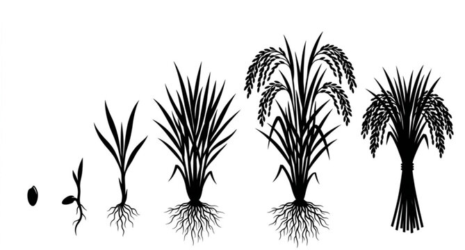 Rice plant growth stages silhouette set vector illustration seed sprout mature harvest isolated on white background