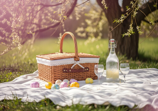 Charming Picnic Setup with Easter Eggs and Refreshing Drinks in Nature
