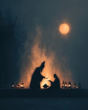Silhouette of a guru blessing a disciple under the moon for Guru Purnima celebration