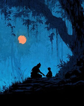 Silhouette of a guru blessing a disciple under the moon for Guru Purnima celebration