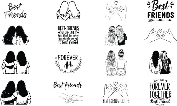 Hand drawn best friends hugging silhouettes, friendship quote typography set in black and white, vector clipart for t-shirt print