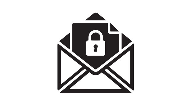 Secure email icon with padlock on document, encrypted message vector symbol, black and white digital privacy and data protection graphic
