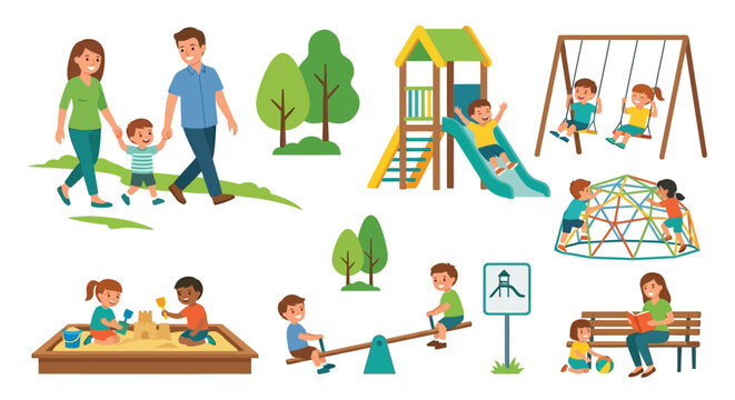playground illustration with children and parents colorful vector graphics