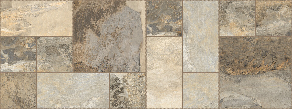 Rustic slate stone tile texture, weathered natural rock wall background, earthy brown and grey ceramic floor pattern for interior design