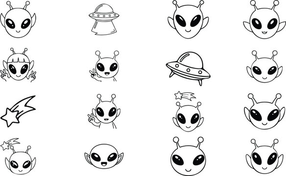 Cute alien head icons in black and white, simple line vector faces with UFO and lightning, minimalist set for stickers