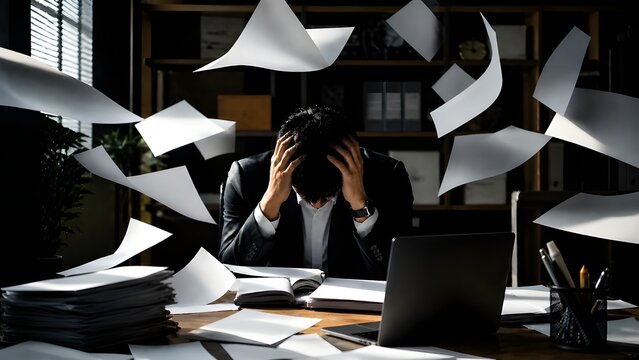 Stressed businessman overwhelmed by flying paperwork and heavy workload