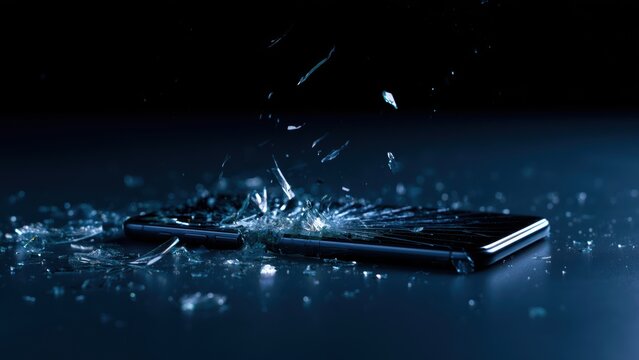 Dynamic shot of a broken mobile phone screen with glass shards scattering across a dark surface.