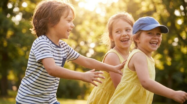 Children Activity: Kids playing tag and running chase in sunny park
