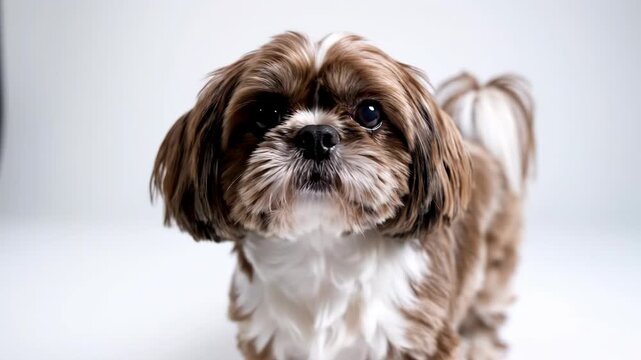 Full-length portrait of a small, fluffy brown and white Shih Tzu dog standing against a clean white studio background, looking forward with large dark eyes and a soft coat.
