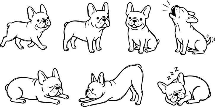 French Bulldog Cute Frenchie Dog Poses Set: Walking Standing Sitting Howling Lying Stretching and Sleeping Playful Naive Doodle Line Art Minimal Vector Illustration