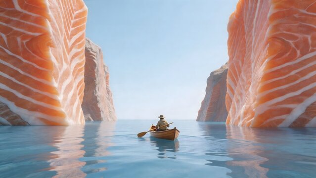 Person in boat between salmon fillets