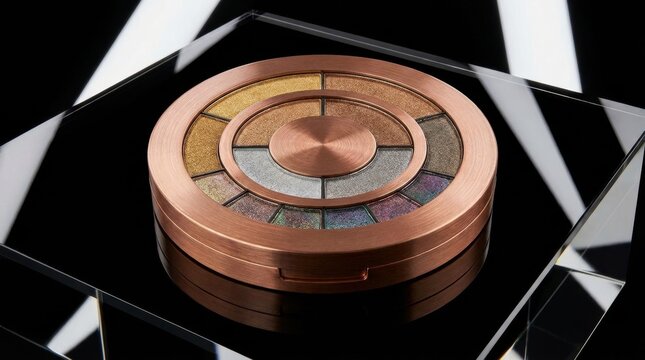 Luxury circular eyeshadow palette in copper case on black