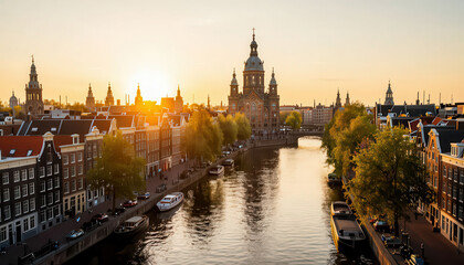 Fototapeta premium A sunset over a canal highlights the buildings in the city. The buildings along the canal reflect the warm sunlight, creating a serene scene by the water.
