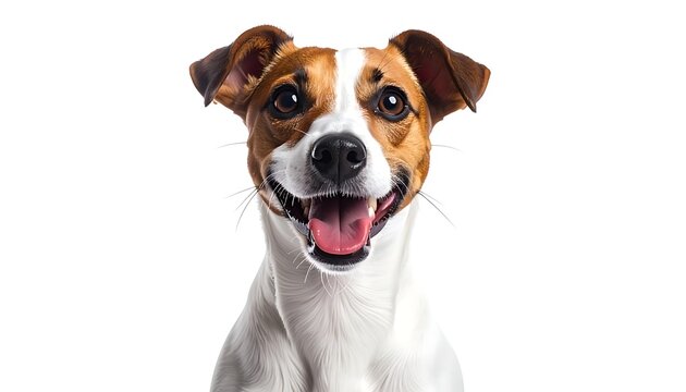 A happy dog with brown and white fur looks directly at the viewer