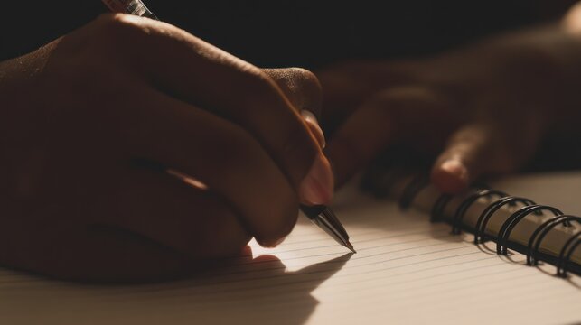 Close up of hand writing with pen on spiral notebook paper
