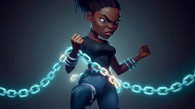 A fierce young woman with a high ponytail stands with a determined expression, breaking glowing chains in a cinematic style from the file A fierce young woman with a high ponytail 120.