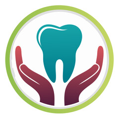 Obraz premium Dental Care Logo with Tooth and Caring Hands