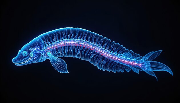 Glowing blue holographic skeletal structure of a fish is shown against a dark background.