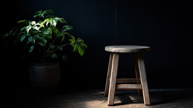Spotlight on Small Plant and Wooden Stool in Dark Studio.