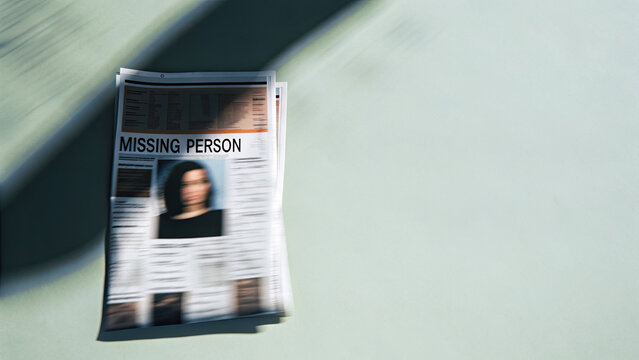 Chaotic montage of vintage newspaper clippings concept. A blurred newspaper featuring a missing person notice.